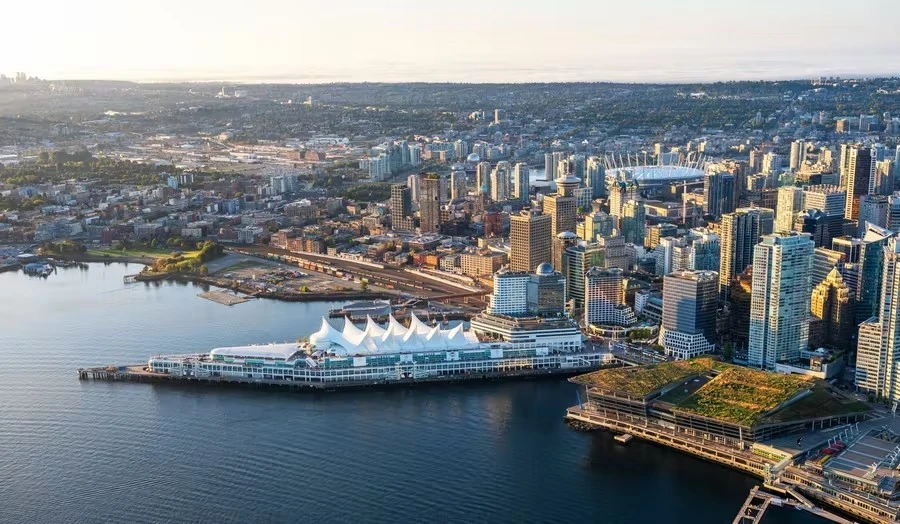 Aerial view of downtown Vancouver and the convention centre